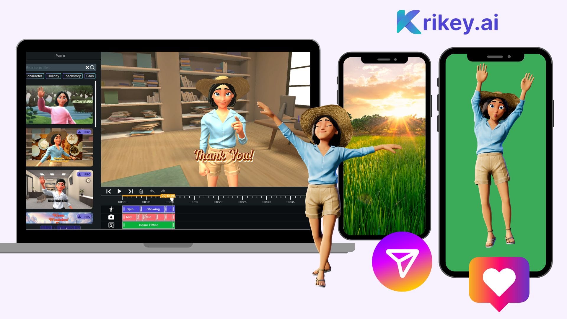 How to use the AI Reel Generator with an animated character on a laptop with another animated character superimposed in front of image of mobile phone and another animated character standing in a mobile phone frame as AI reels 