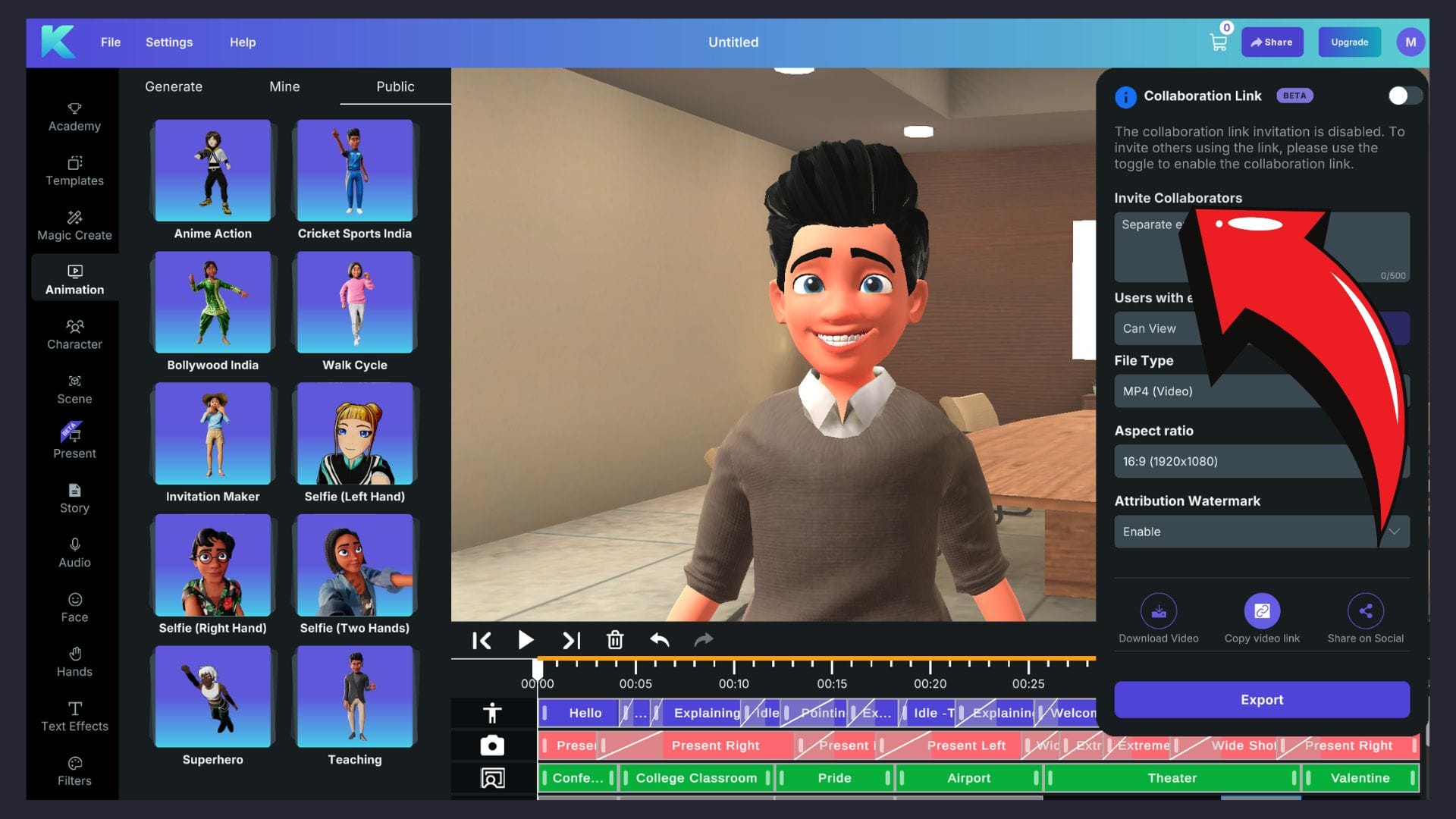 Animated character stands in a conference room demoing the easy to use interface and template for the funny video generator