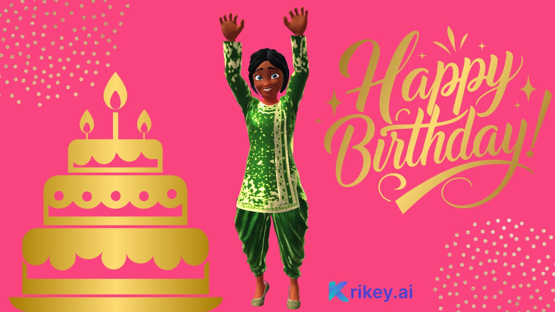 Animated character with raised hands standing against pink background with happy birthday text created with ai birthday card generator