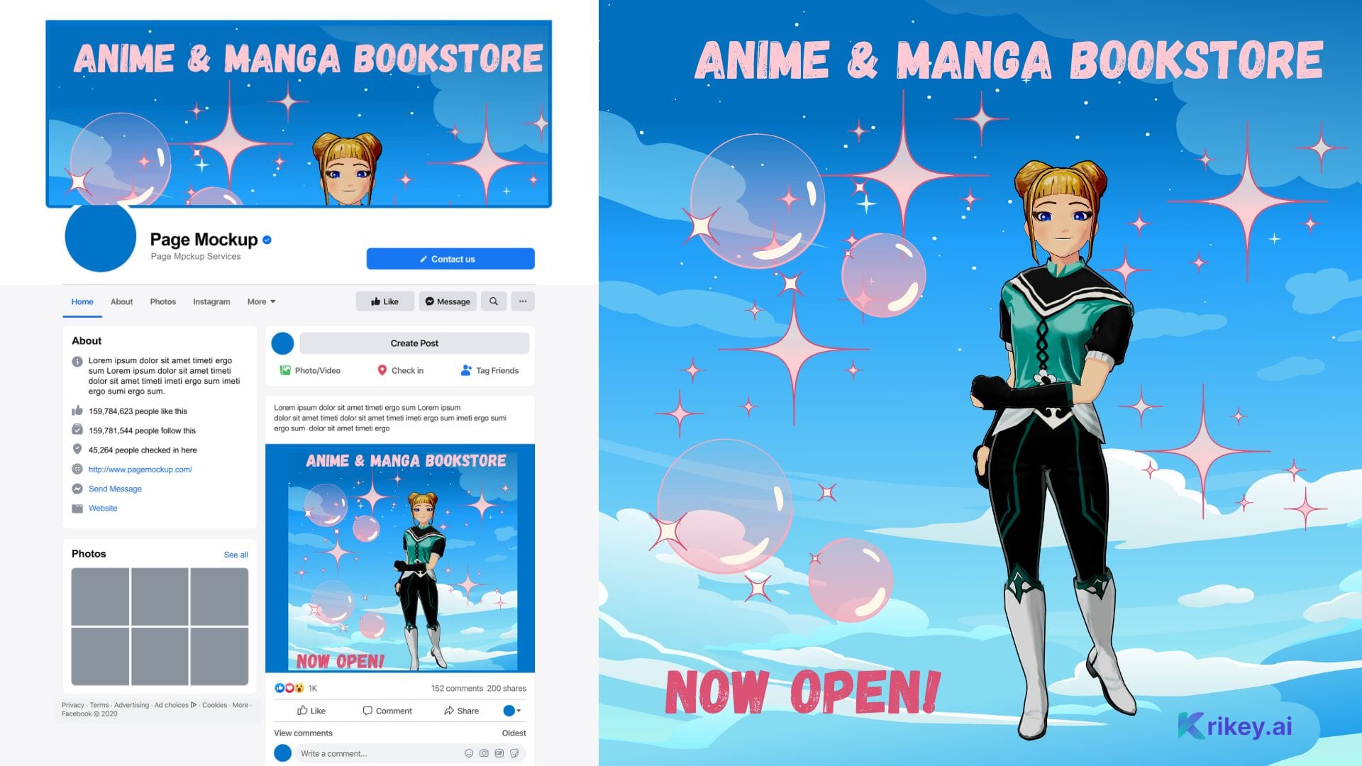 Animated anime character standing amongst clouds in Facebook mockup created with Facebook Ad Generator 