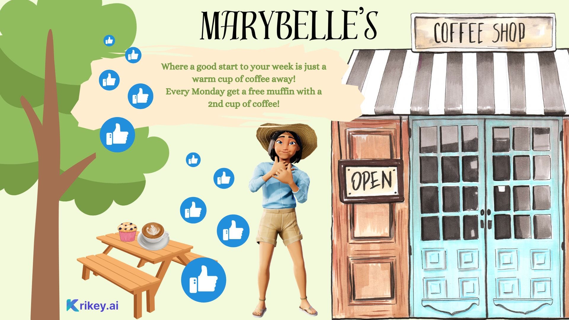 Animated character standing in front of a coffee shop and a tree created with the Facebook Ad Generator