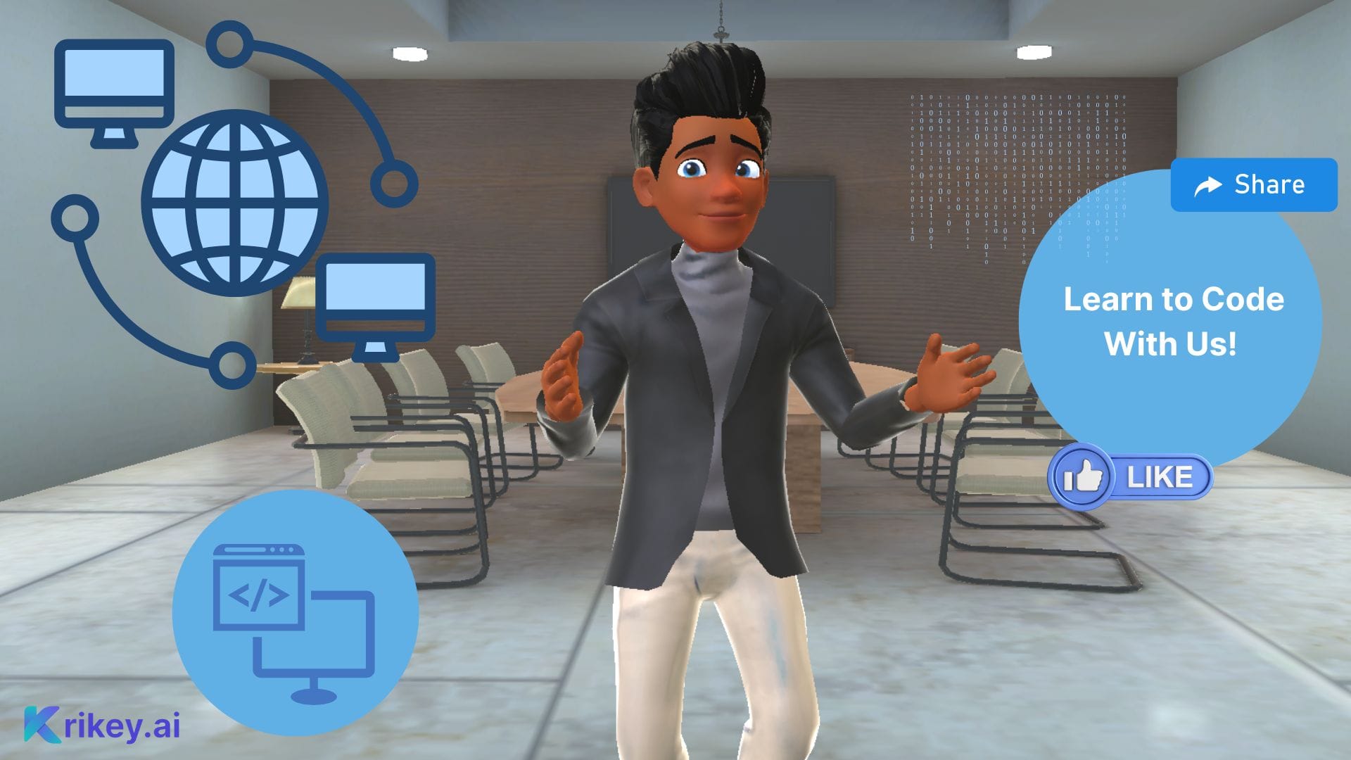 Animated character standing in conference room offering coding classes created with Facebook Ad Generator