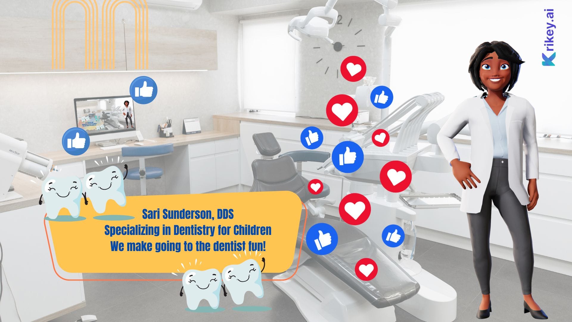 Animated character standing in dentist office created with Facebook Ad Generator