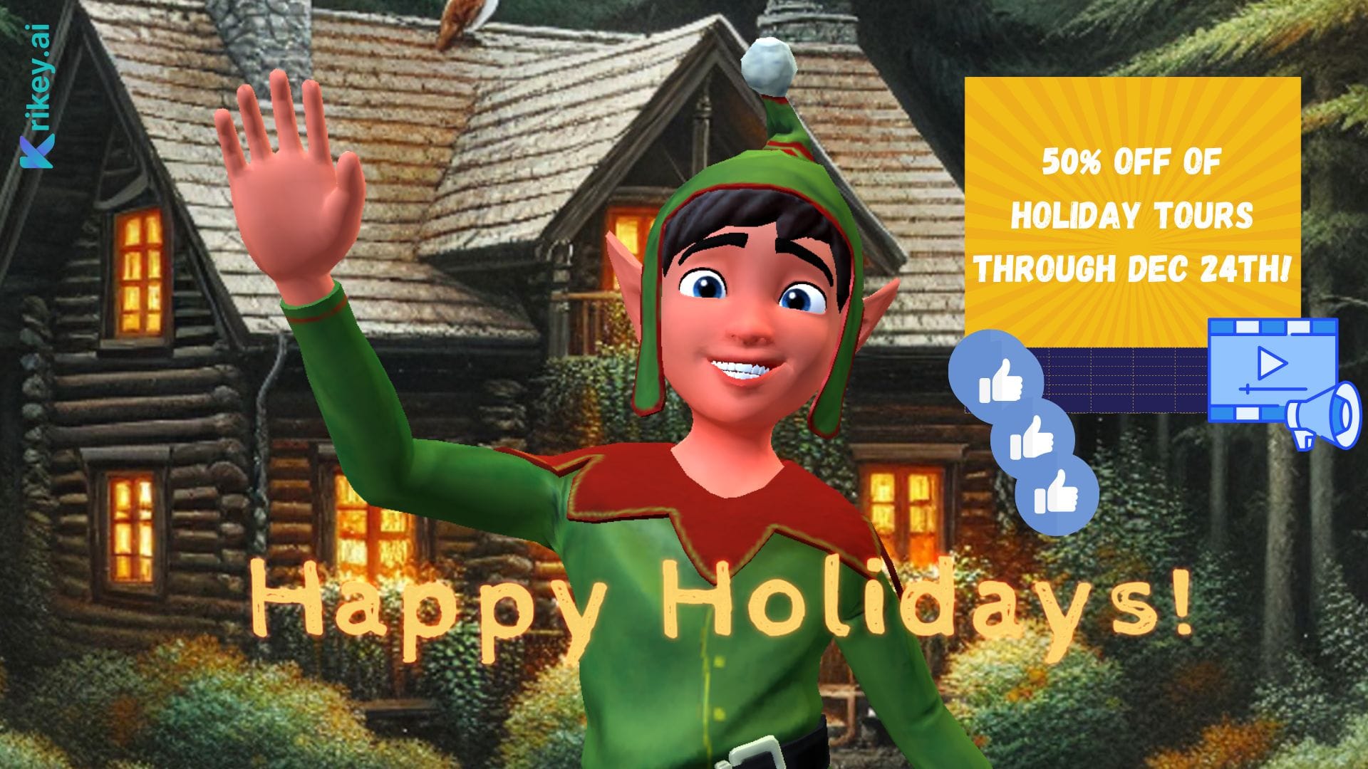 Animated character standing and waving in front of log cabin created with Facebook Ad Generator