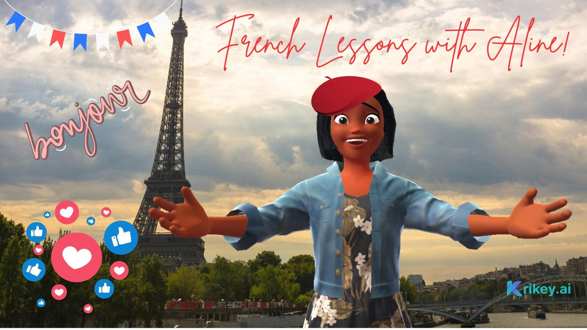 Animated character with beret on standing in front of image of Eiffel Tower created with the Facebook Ad Generator