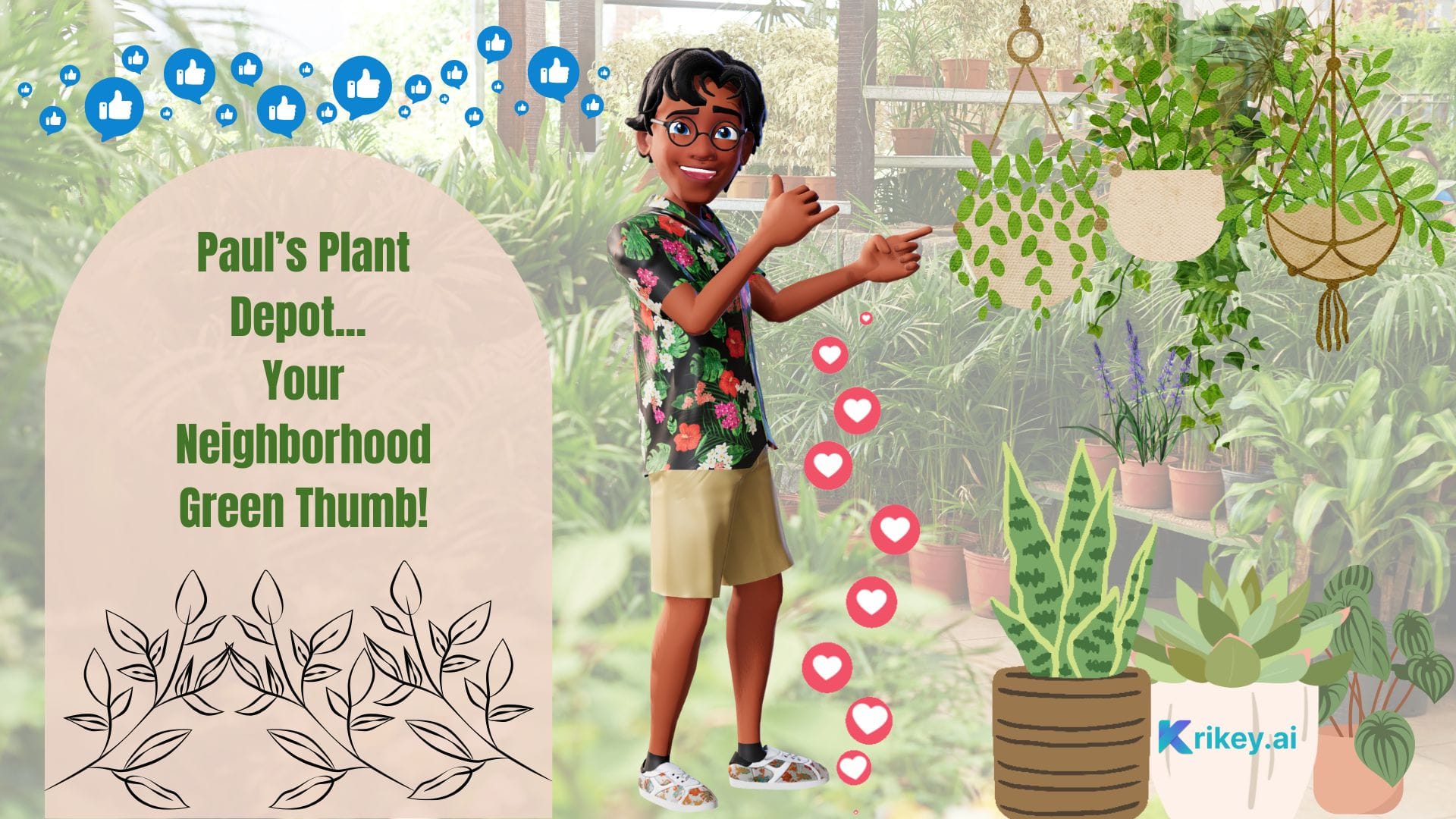 Animated character standing in shop full of plants created with Facebook Ad Generator