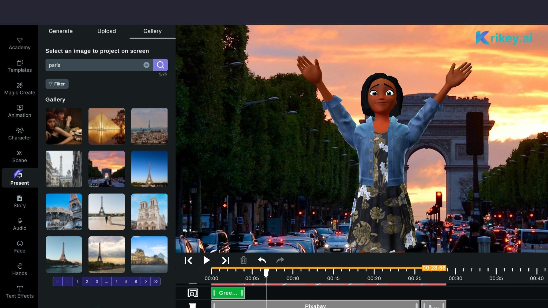 Animated character standing in front of stock image of Paris created with the Facebook Ad Generator