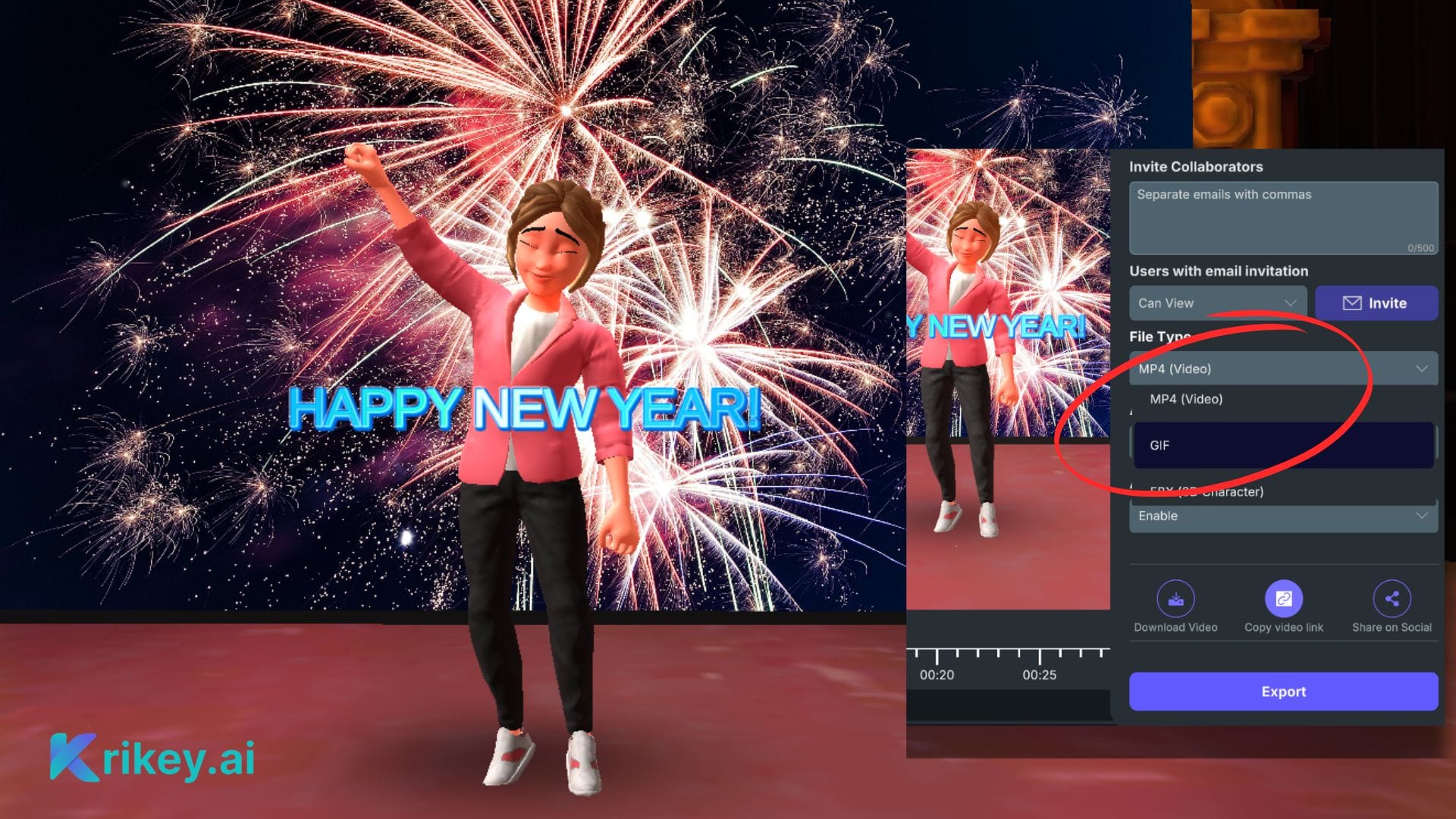 Animated character standing in theater backdrop celebrating new year as an AI reel created with the AI reel generator