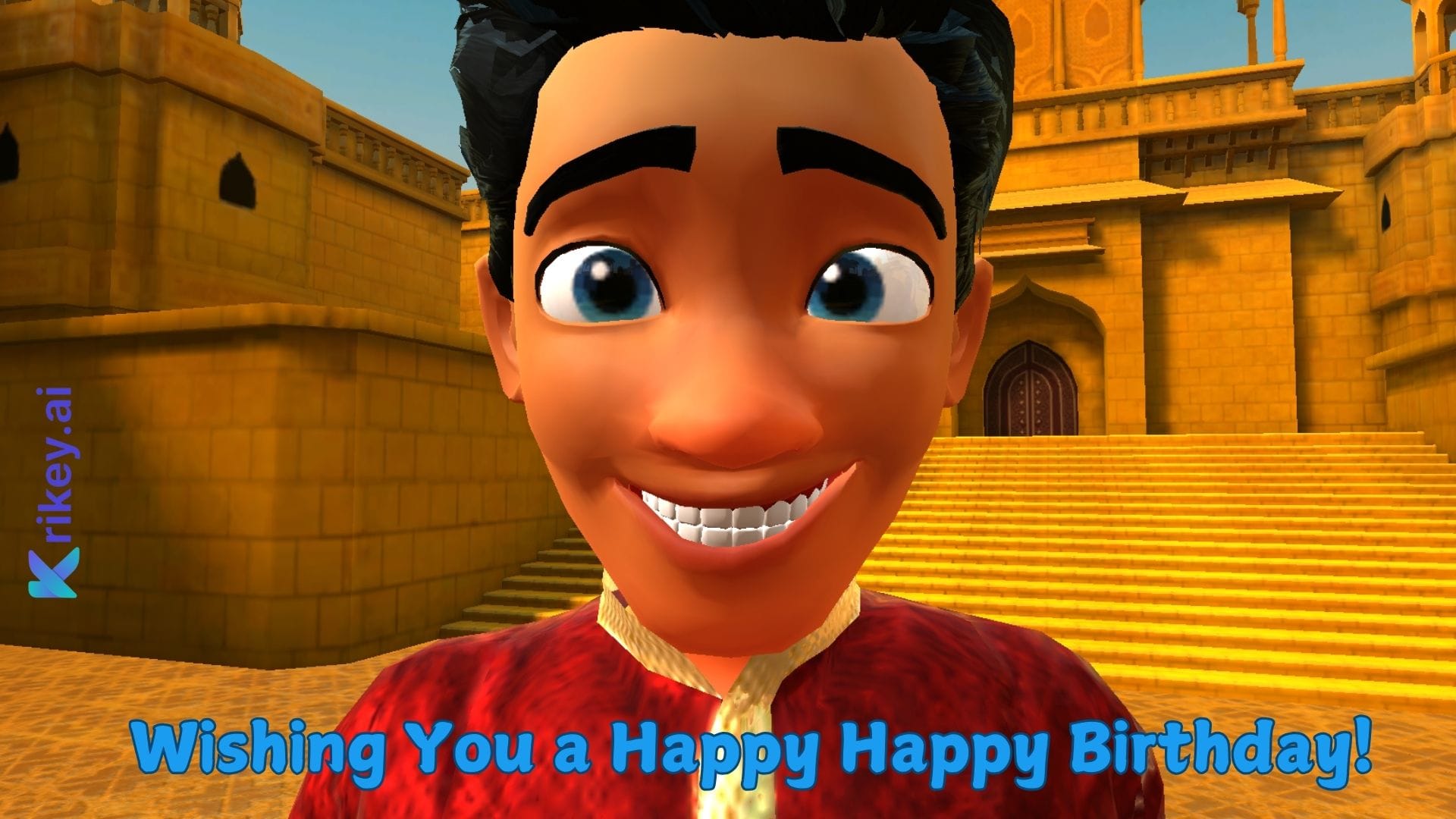 Close up of a smiling animated character standing at a castle with text with birthday greetings created by ai birthday generator