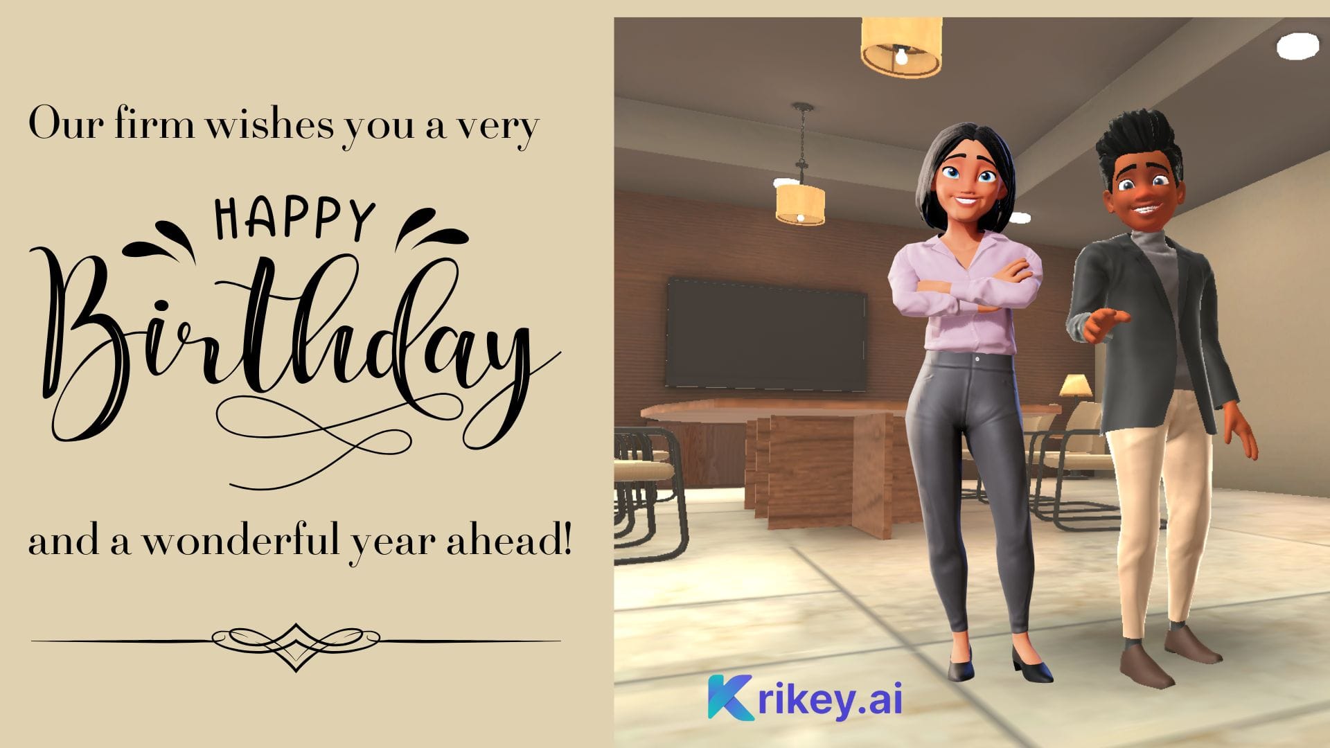 Animated characters standing in conference room with professional looking happy birthday text created with AI birthday card generator 