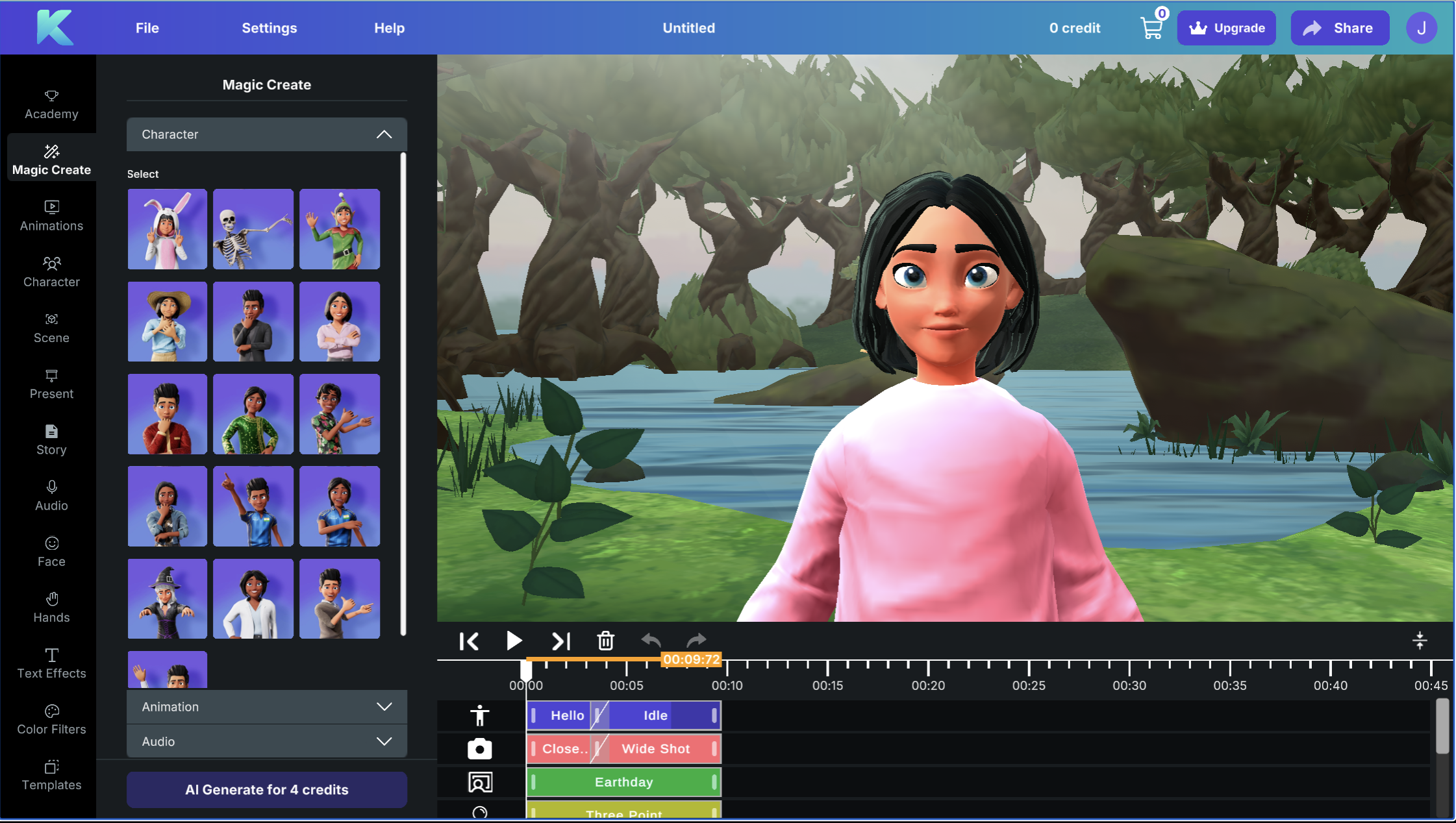 Animation ideas generator in the Krikey AI video editor for short animation ideas