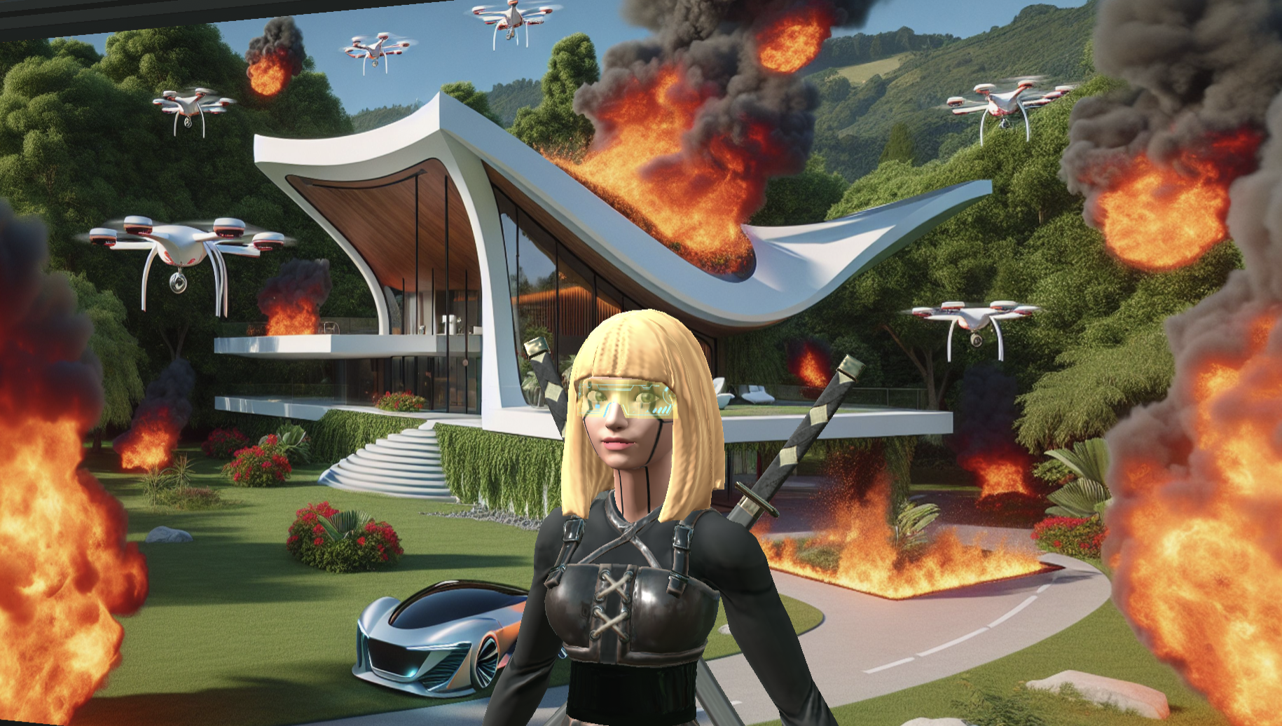 Ready Player Me avatar, Kira, stands in front of futuristic home in flames with drones flying