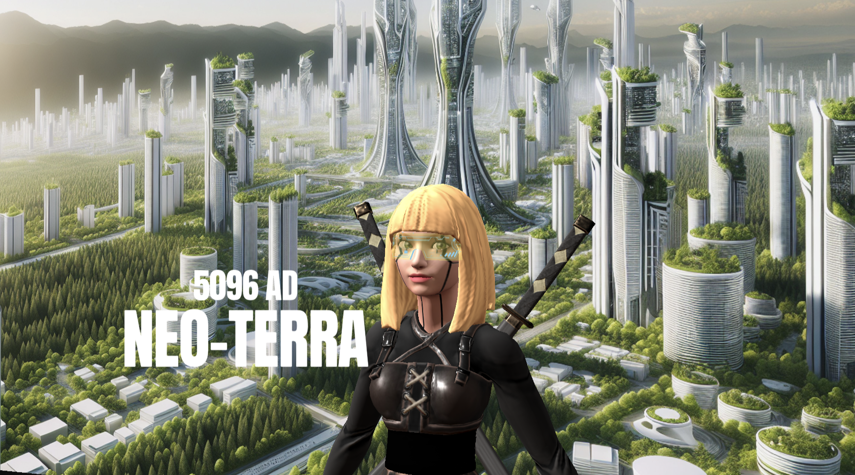 Ready Player Me avatar, Kira, stands in front of futuristic Neo-Terra backdrop