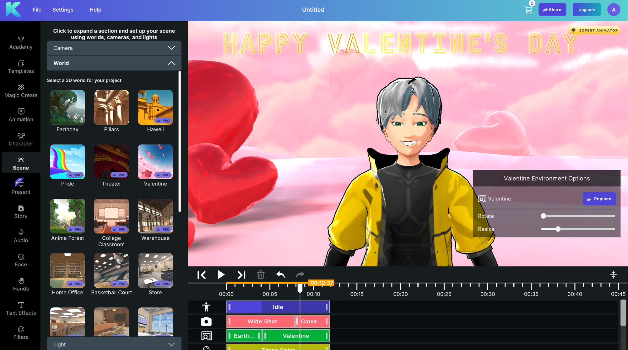 Krikey AI's Anime Valentine's Day tools allow for customization of backgrounds, avatar, and expressions.