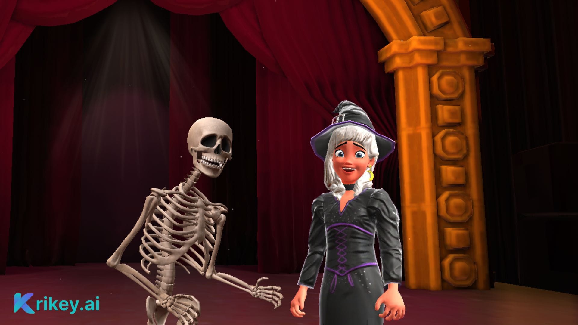 Animated witch and skeleton laughing in funny video template created with ai funny video editor