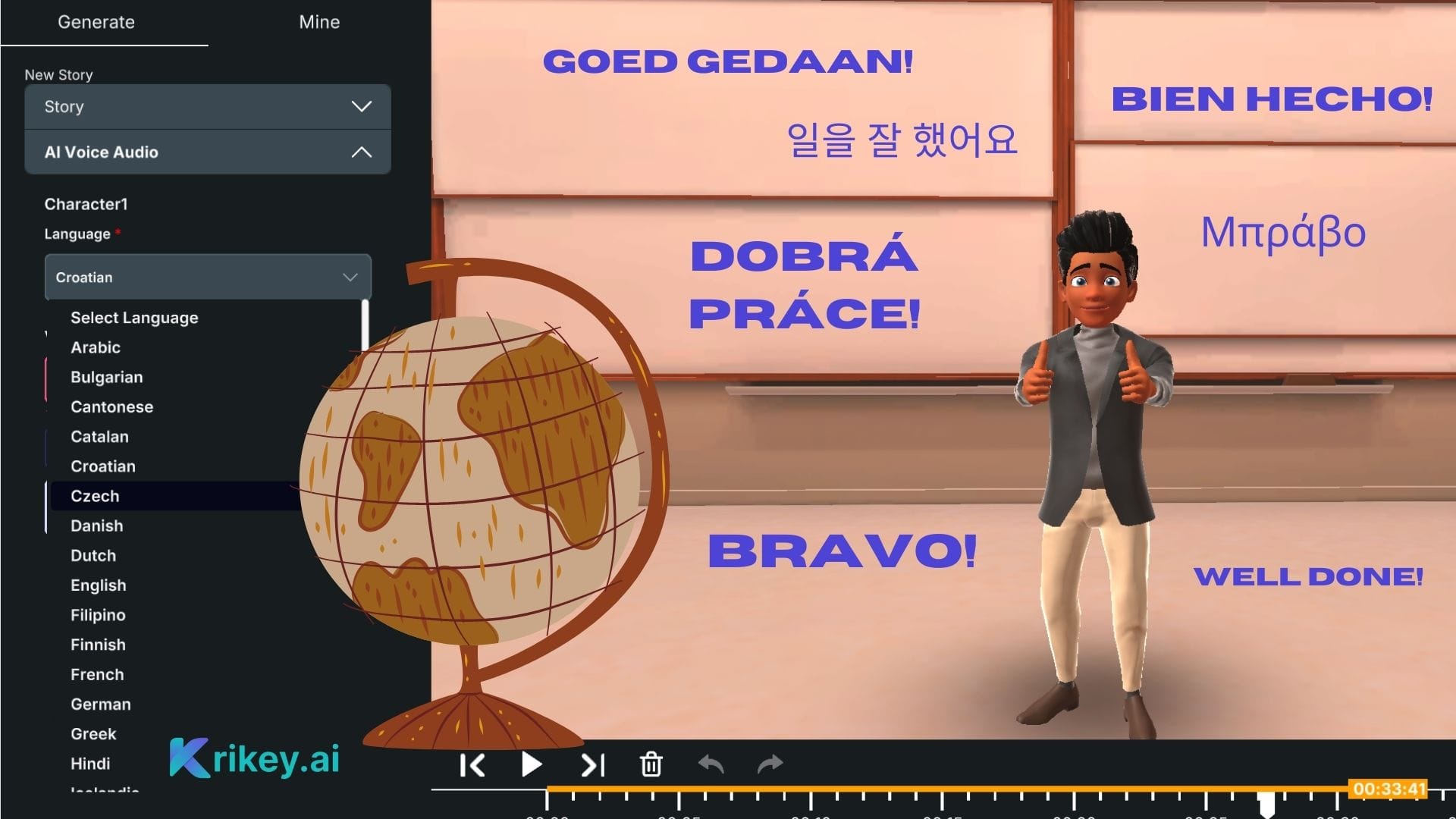 Animated character standing in a classroom with a globe and text in different languages created as an AI reel with the AI reel generator