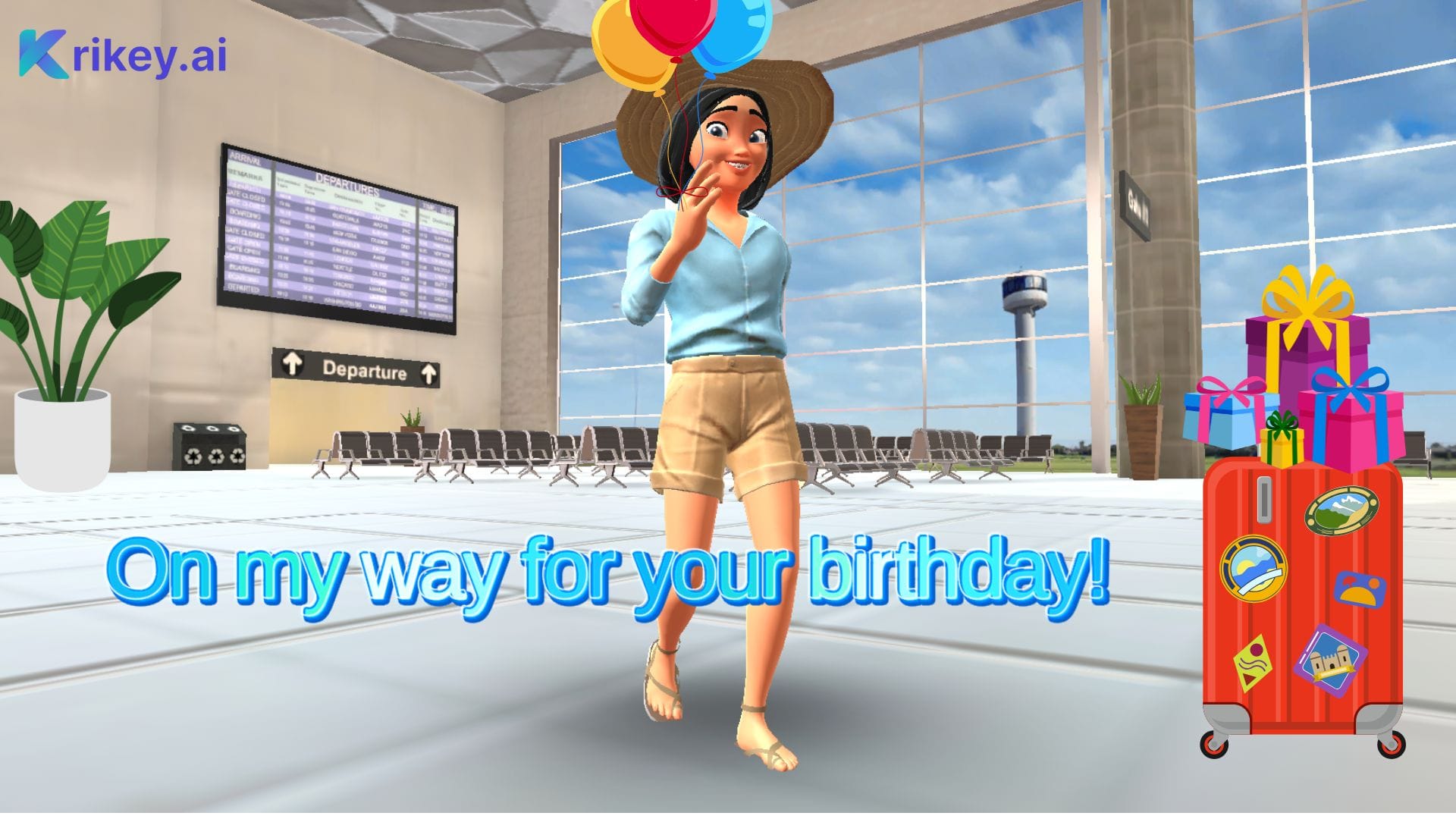 Animated character walking at airport as a birthday greeting with text created with ai birthday generator