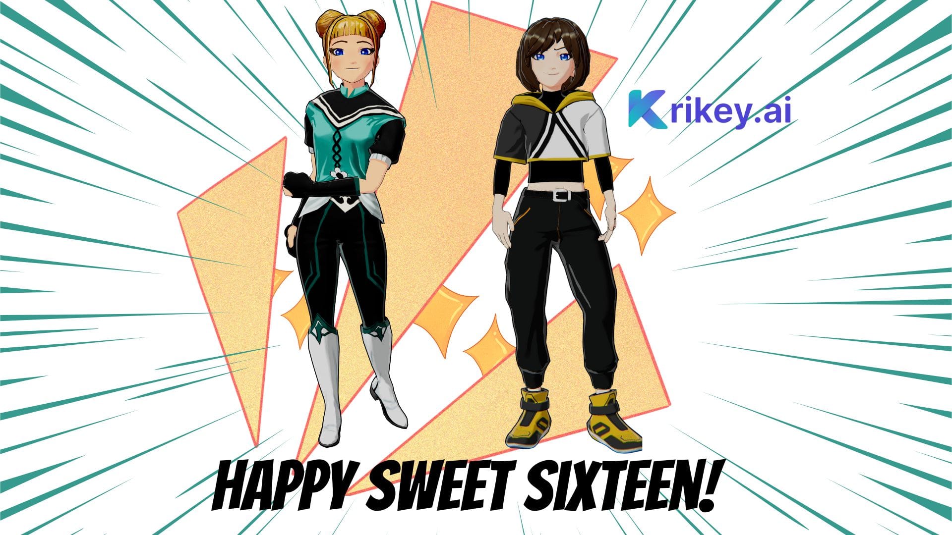 Animated anime characters standing against a green background with happy sweet sixteen birthday greeting created by ai birthday card generator