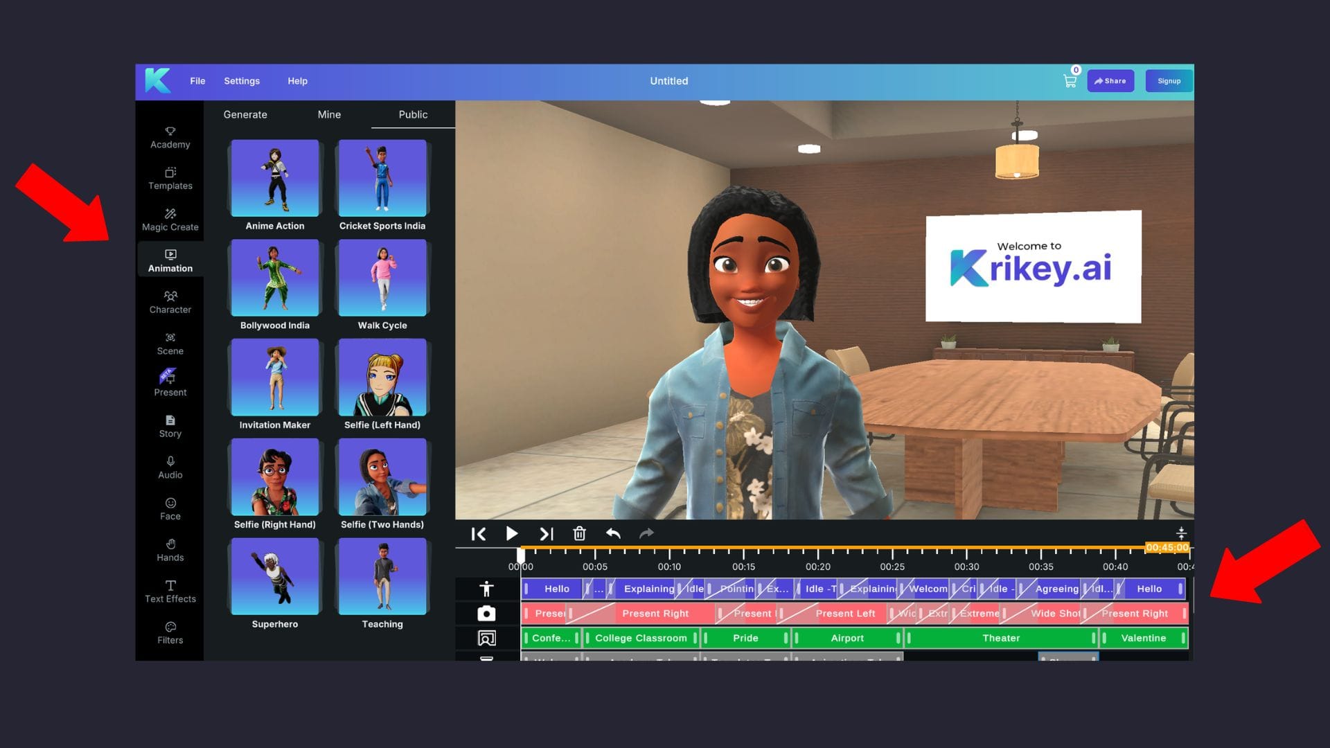 Krikey AI user interface with animated character standing in conference room template created with AI birthday card generator 