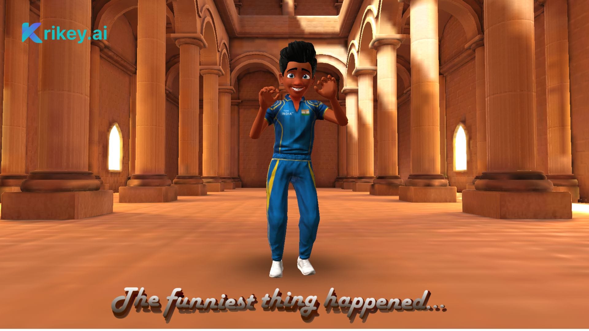 Animated character standing in between pillars in a template created by ai funny video generator