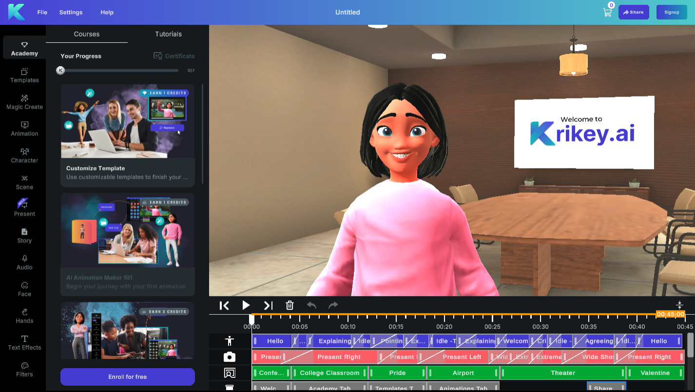 Krikey AI video editor showing animation classes online and 3D animation courses