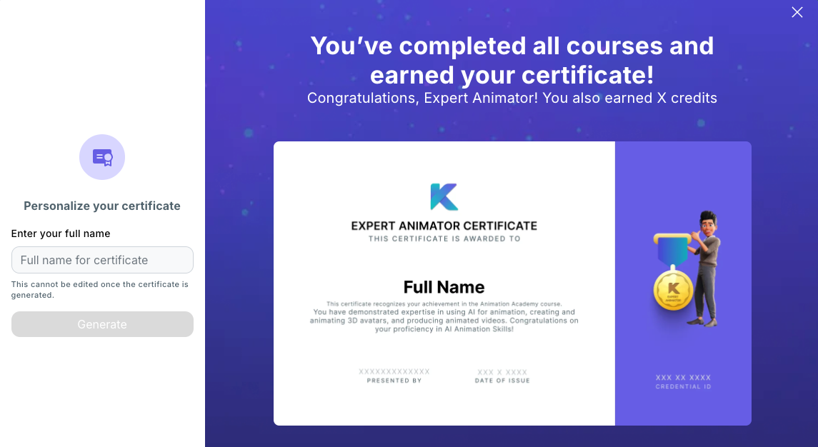 Animation certificate from the Krikey AI Animation classes for beginners