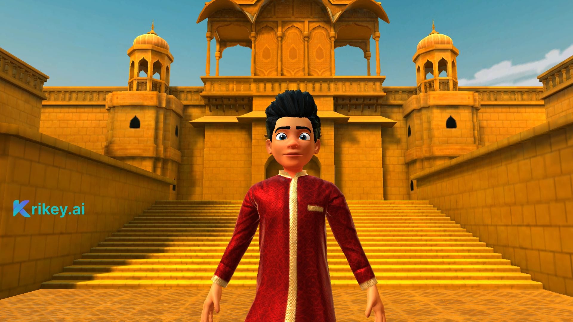 Animated character standing in front of Haweli temple with three point lighting for video