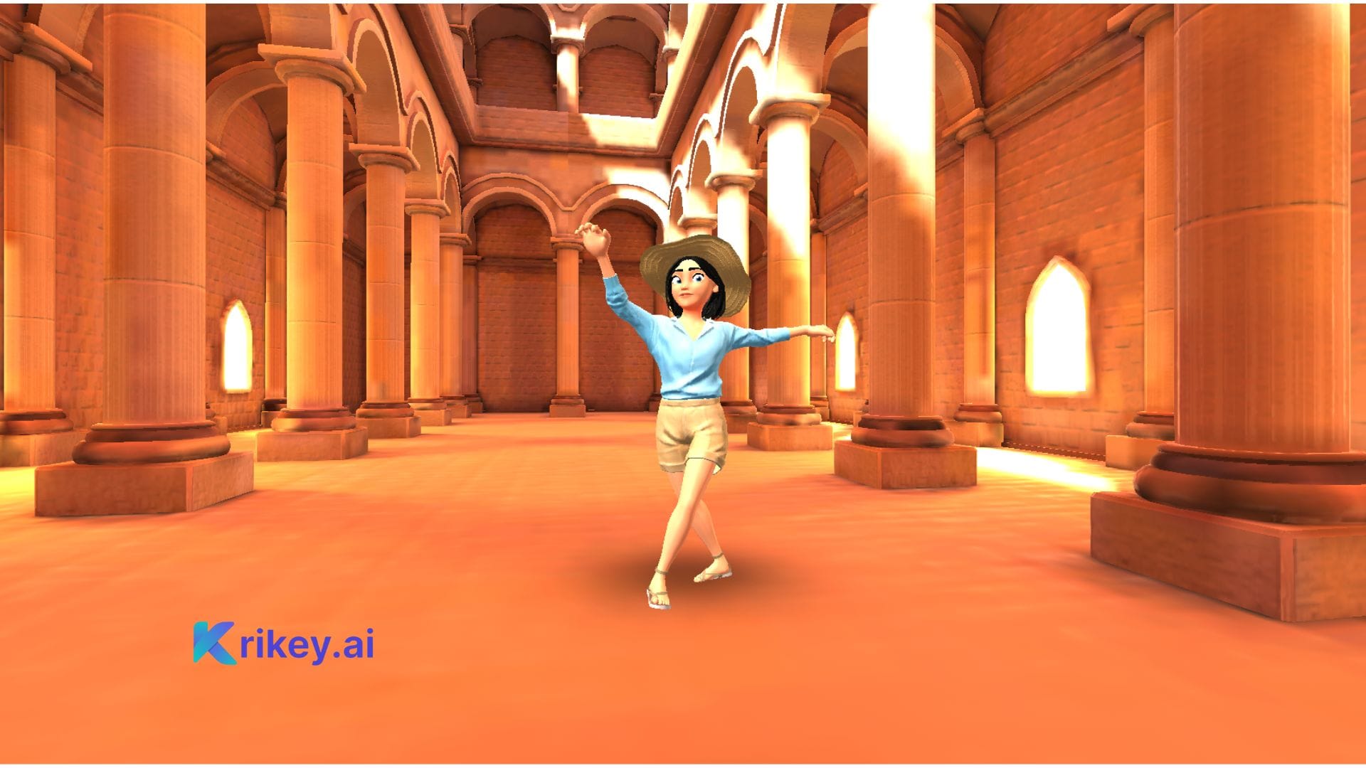 Animated character posing in an ancient building with pillars and with the high key lighting filter applied