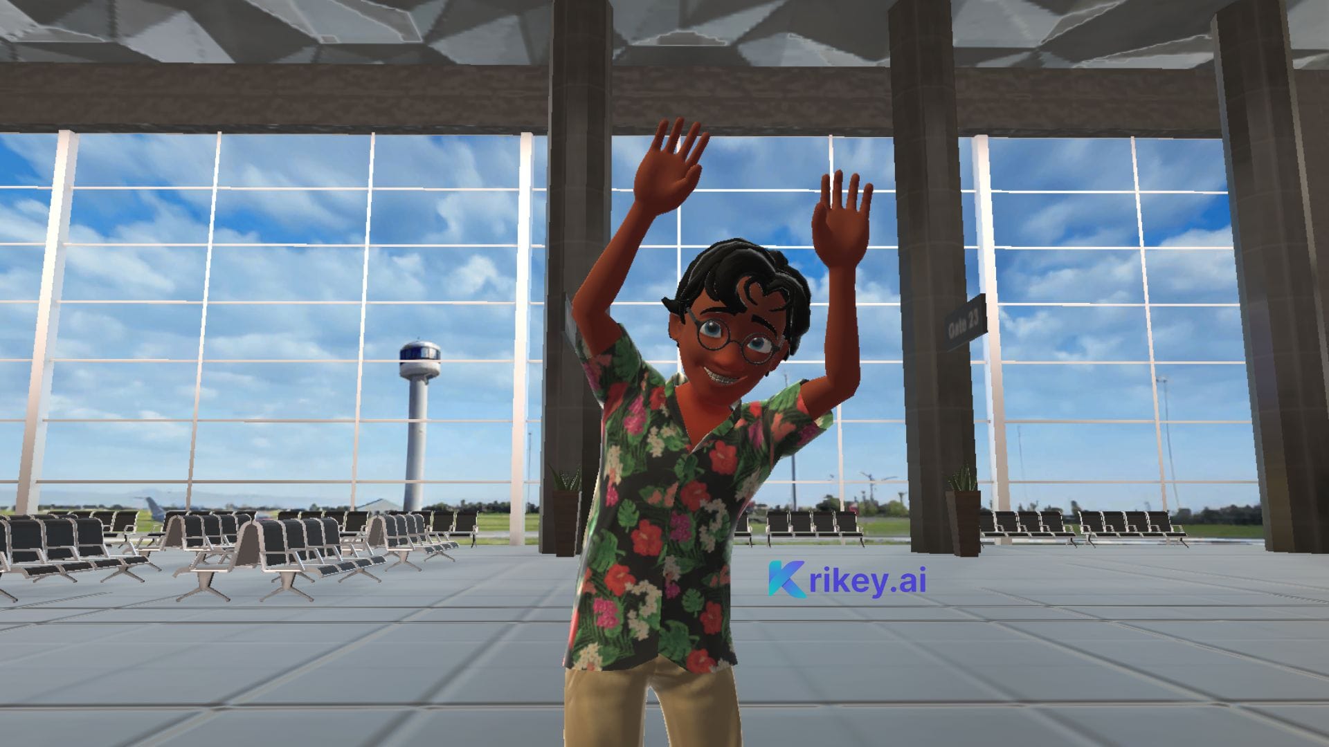 Animated character standing in airport with the lowlight lighting feature applied