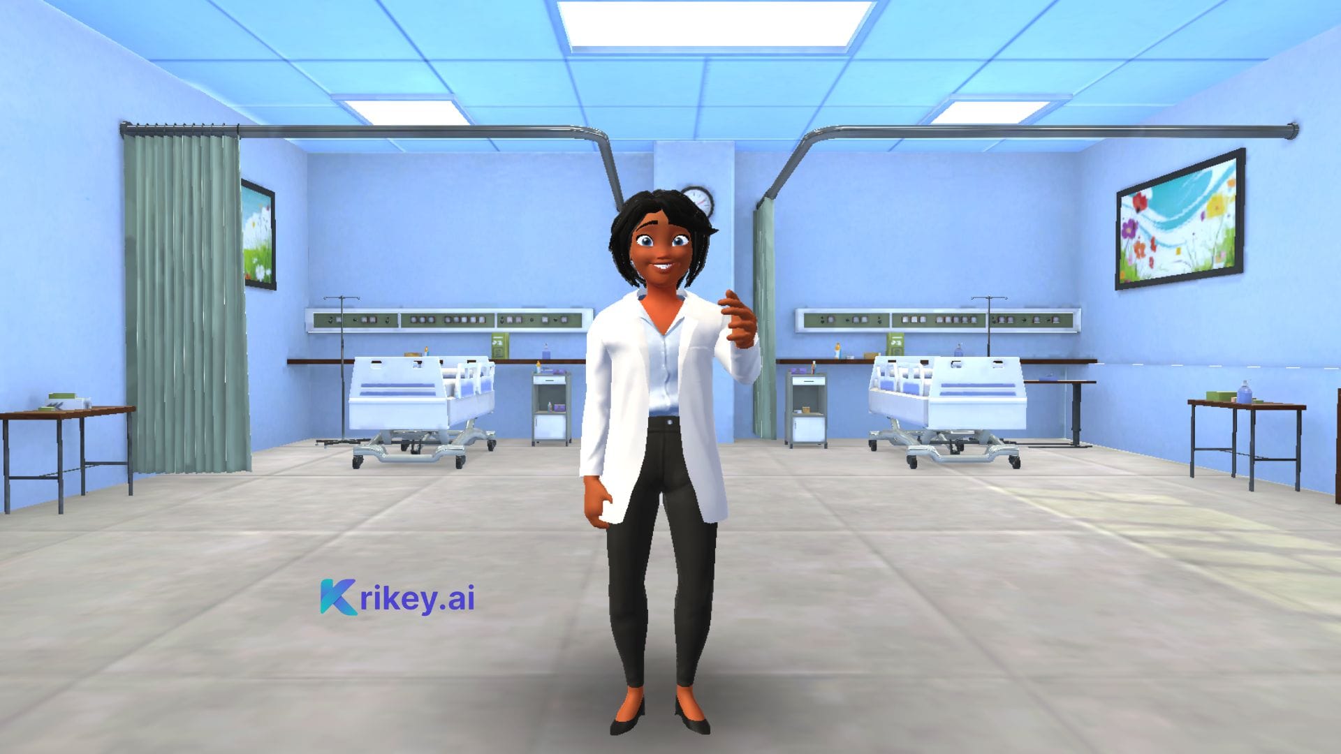 Animated character standing in hospital room with the two point lighting feature applied