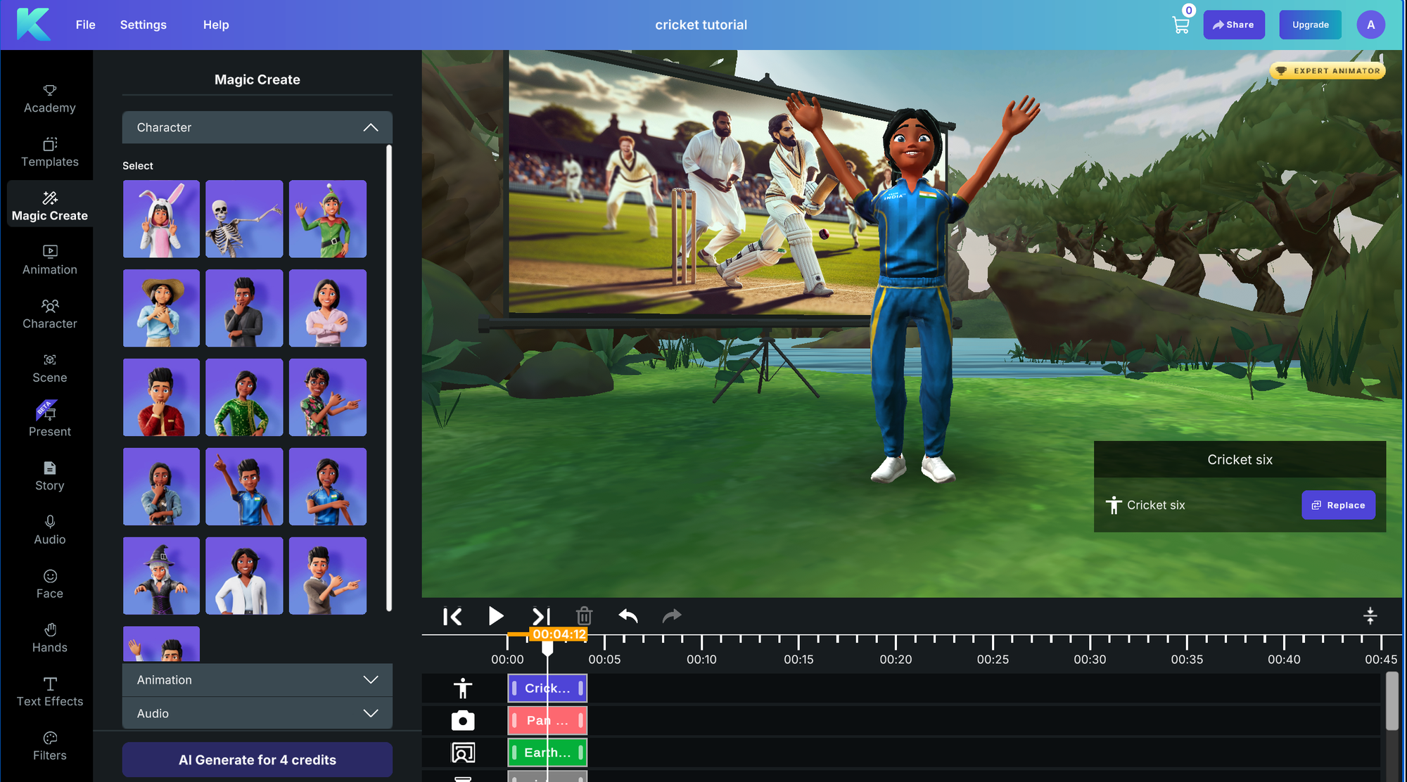 Krikey AI's cricket animation generator allows users to customize a cricket-themed avatar and incorporate cricket-themed animations.