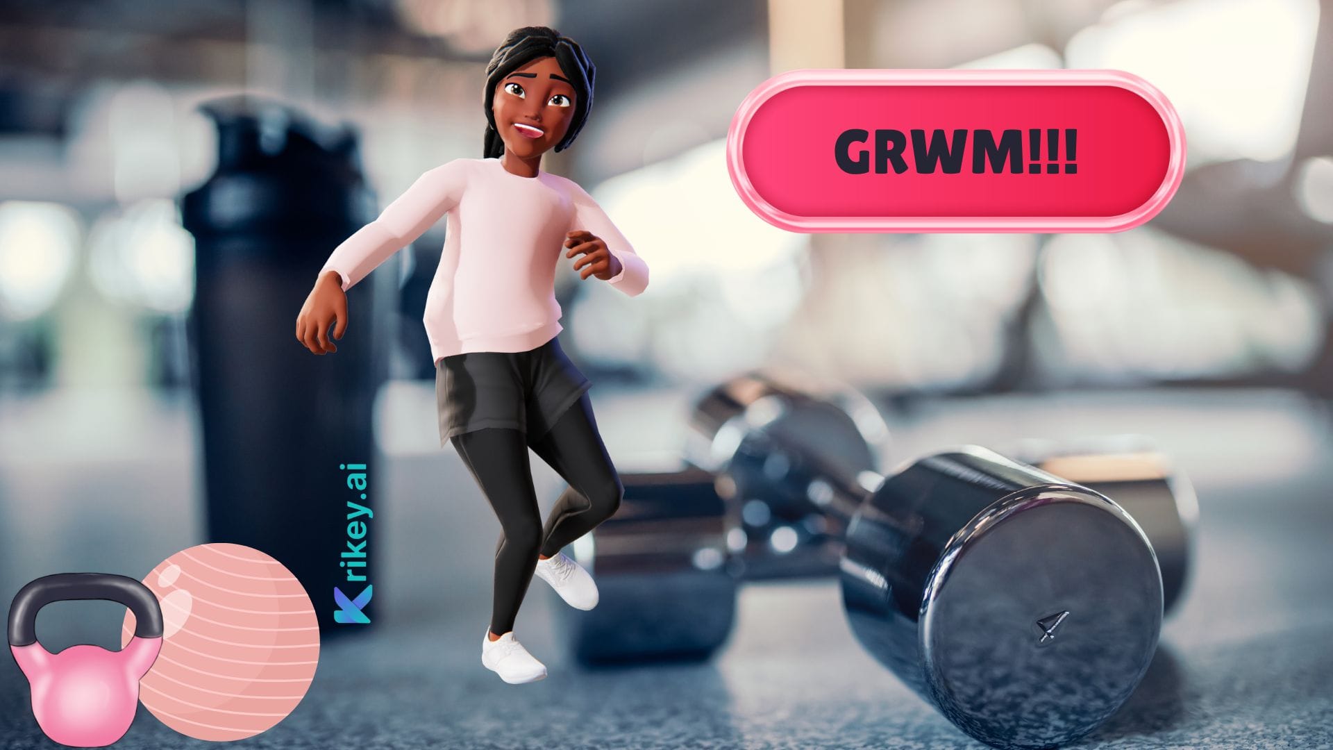 Animated character in a gym to demonstrate GRWM fitness AI explainer video