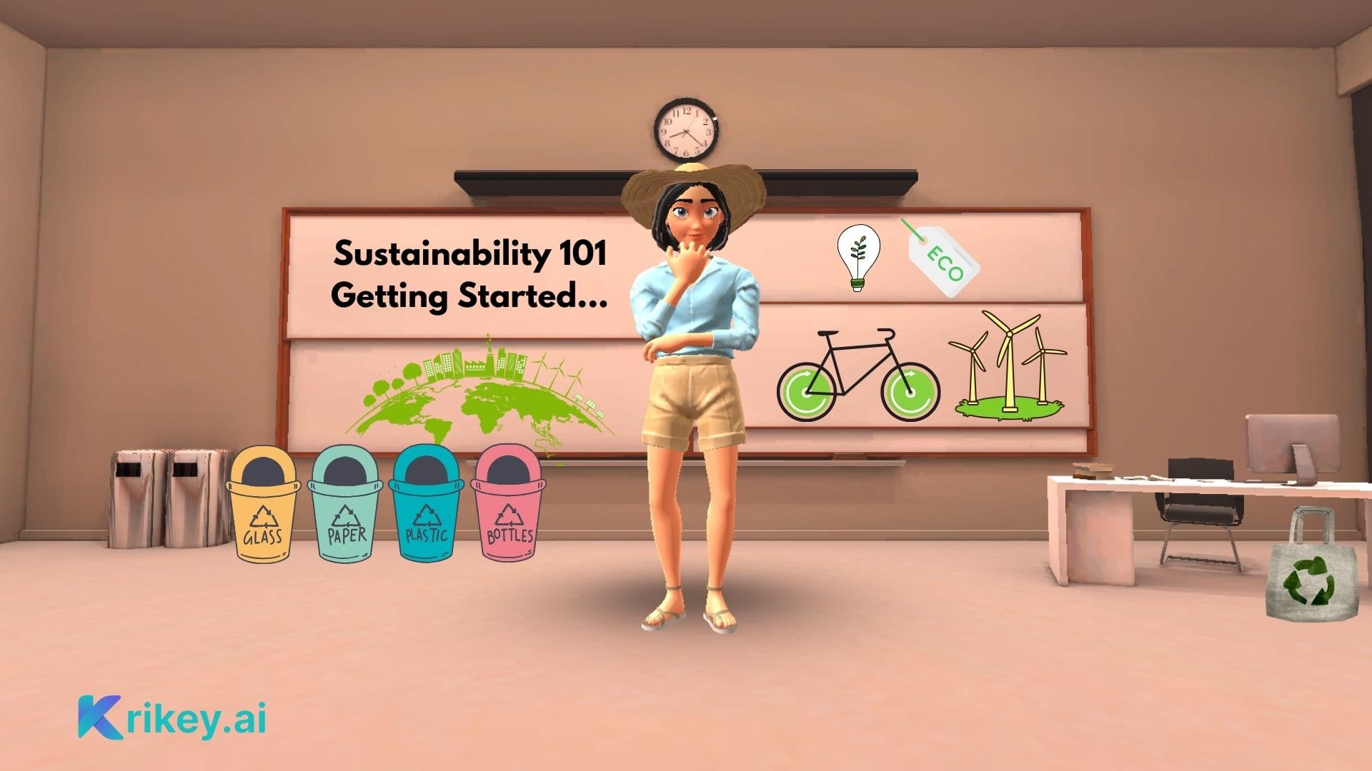 Animated character standing in classroom with sustainability icons to demonstrate AI explainer video