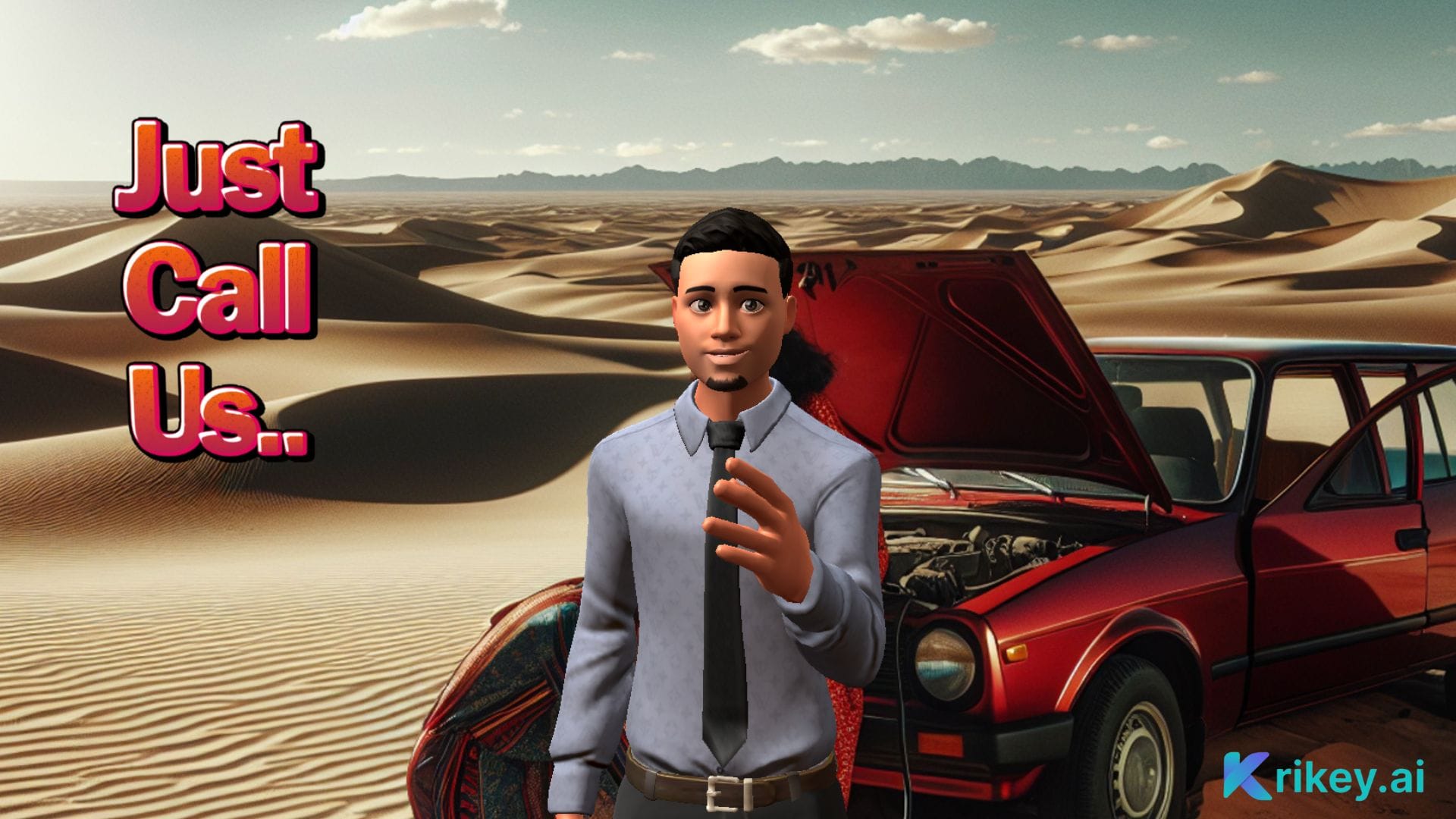 Animated character standing in desert with broken down car and how to fix to demonstrate ai explainer video