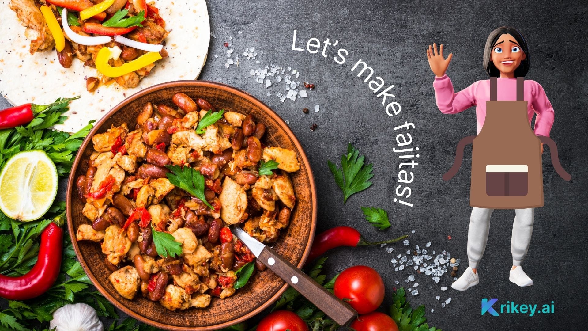 Animated character standing against food backdrop for how to make fajitas ai explainer video