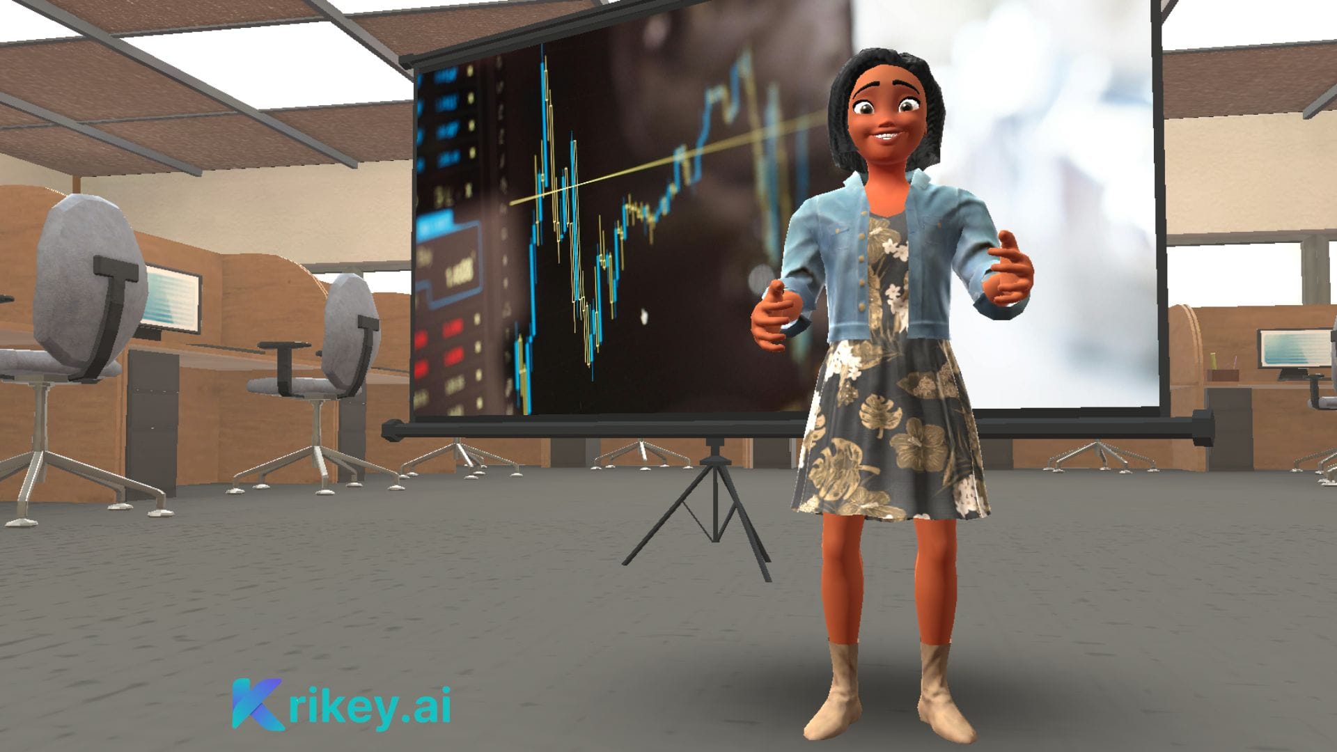 Animated character standing in office for new hire training to demonstrate AI explainer video