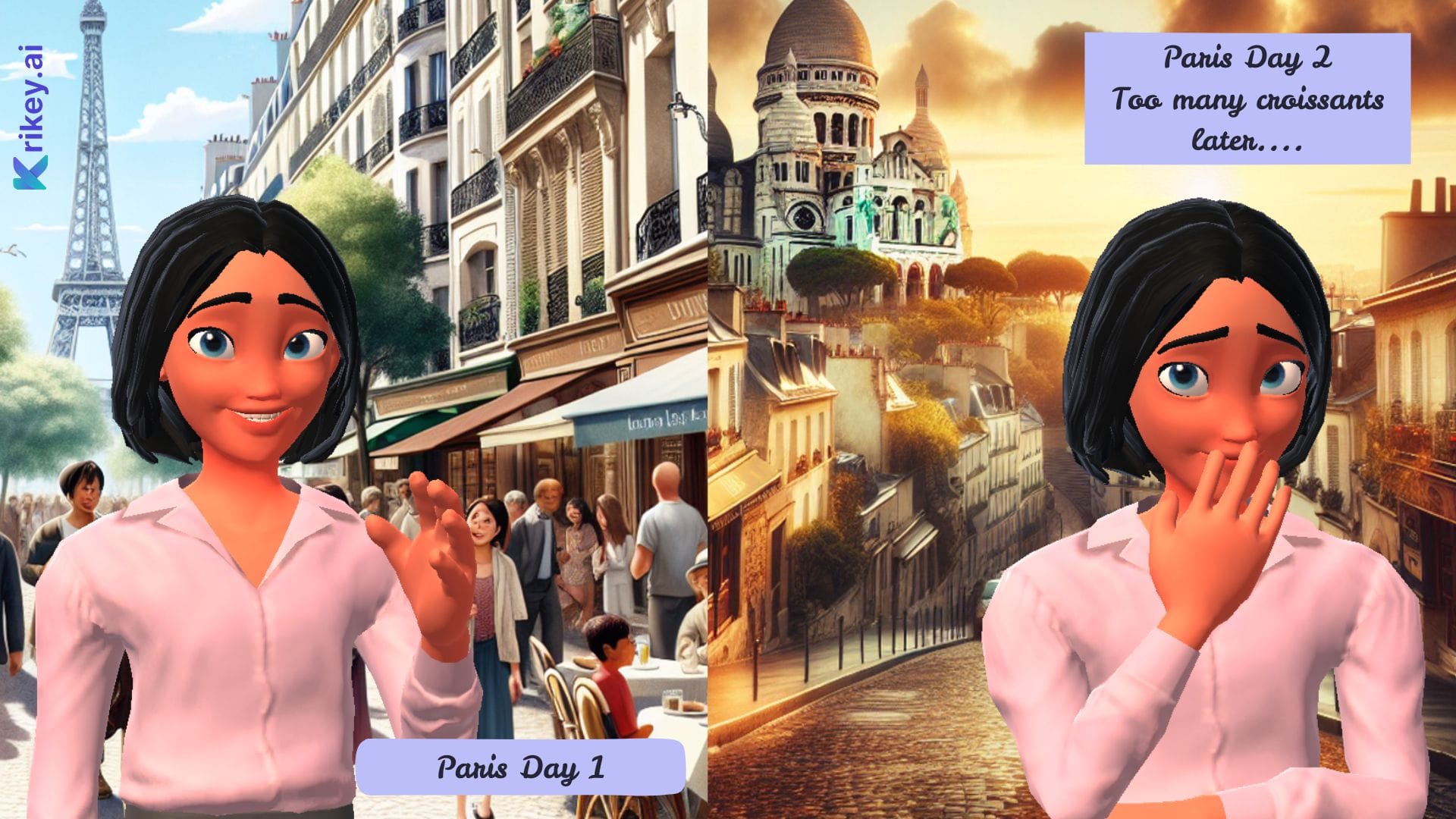 Animated character standing in Paris to demonstrate how to travel AI Explainer Video