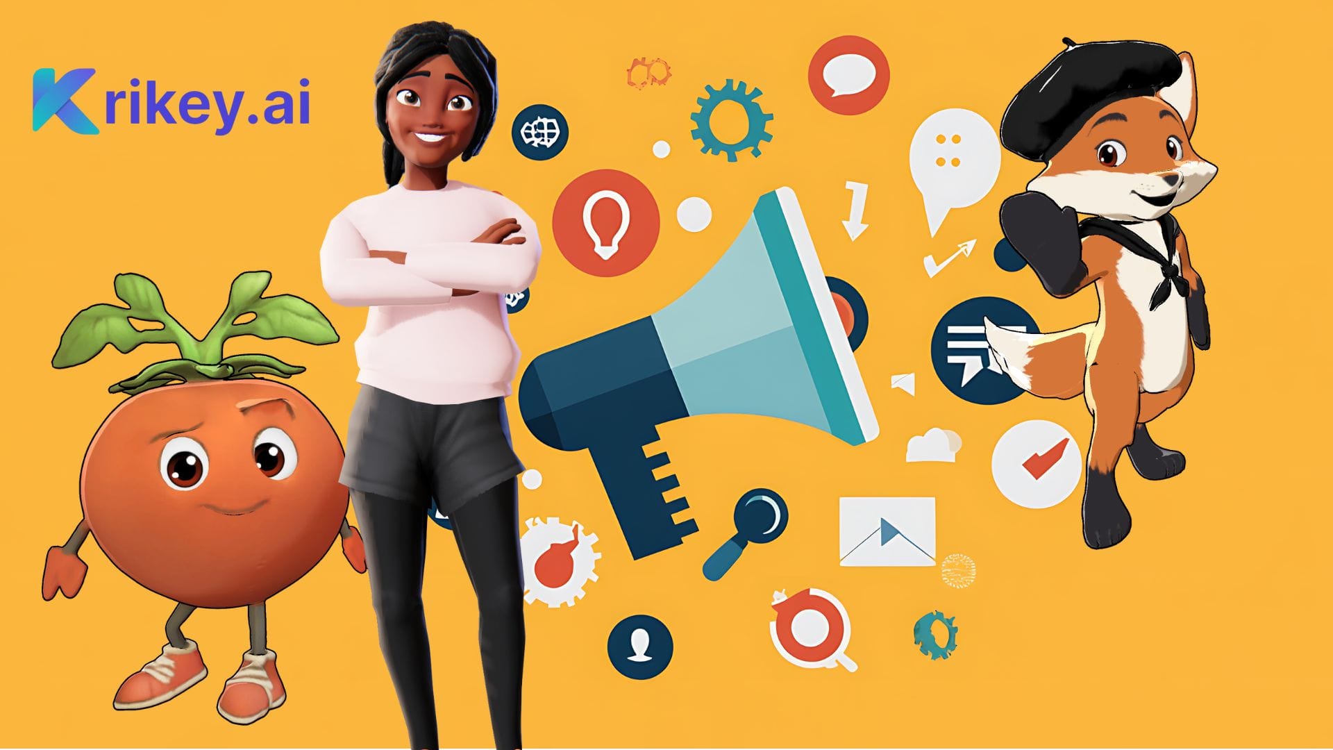 Animated characters showing how to use AI Marketing for social media