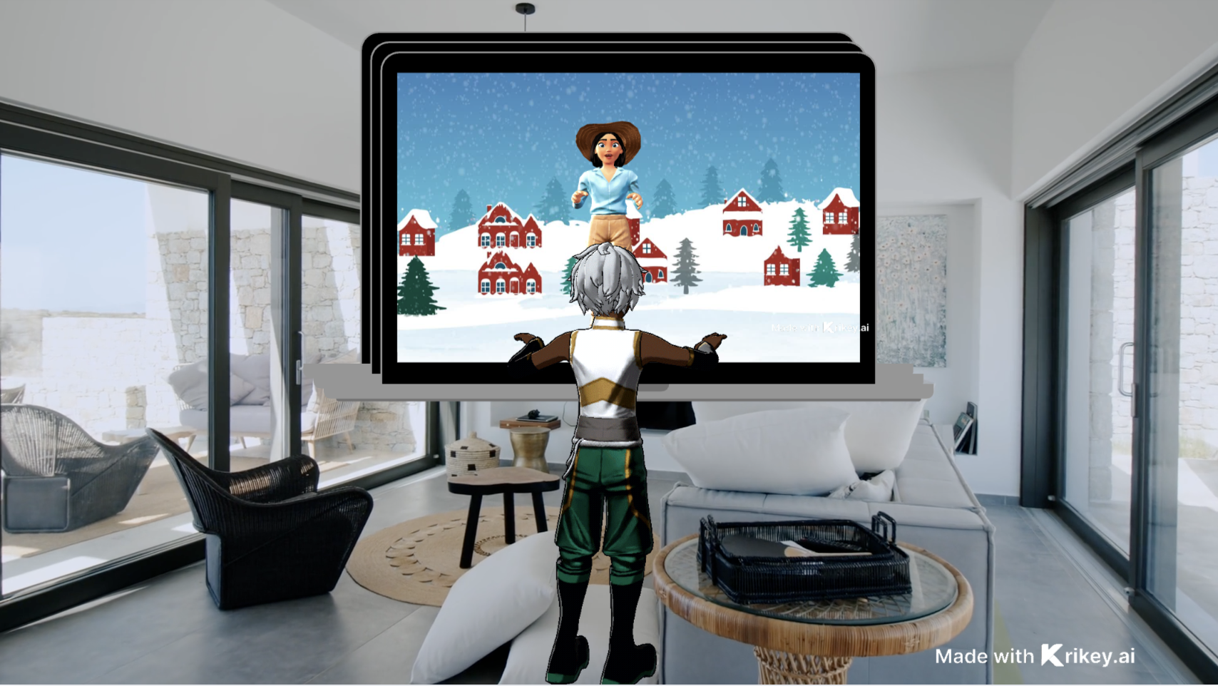 Animated characters standing in a living room on a video call showing the deep motion AI animation interaction 