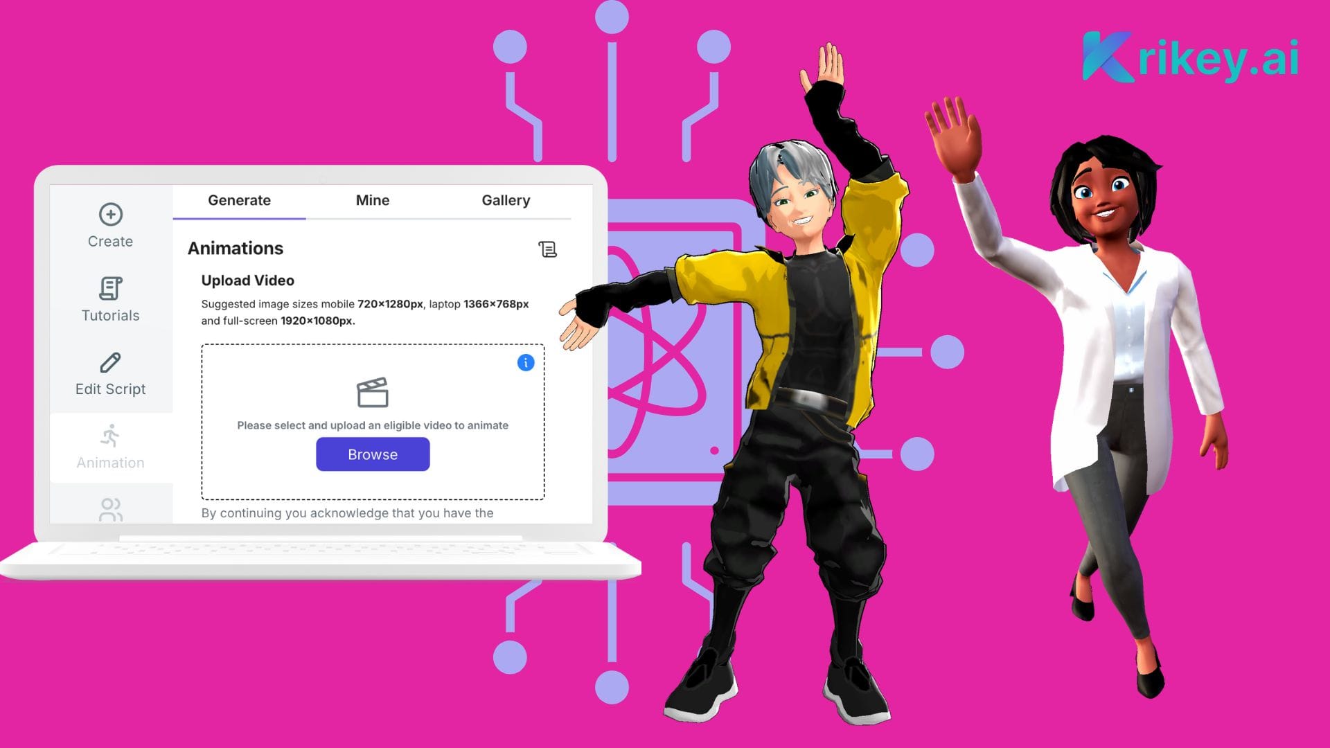 2 animated characters show how to use Deep Motion AI next to a laptop showing the Krikey AI UI