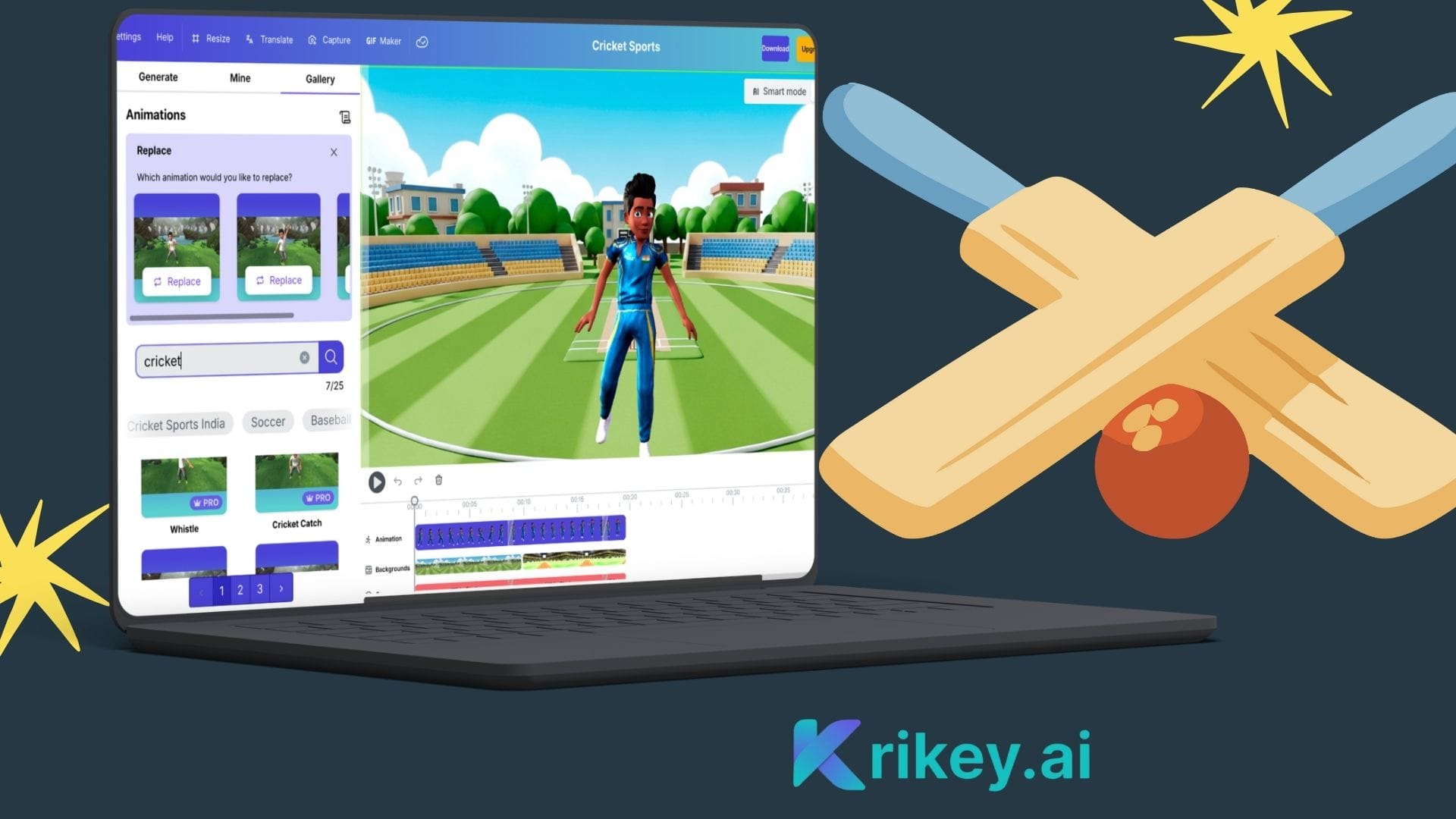A picture of Krikey AI UI in a cartoon laptop with a animated cricket player showing how to create cricket animations