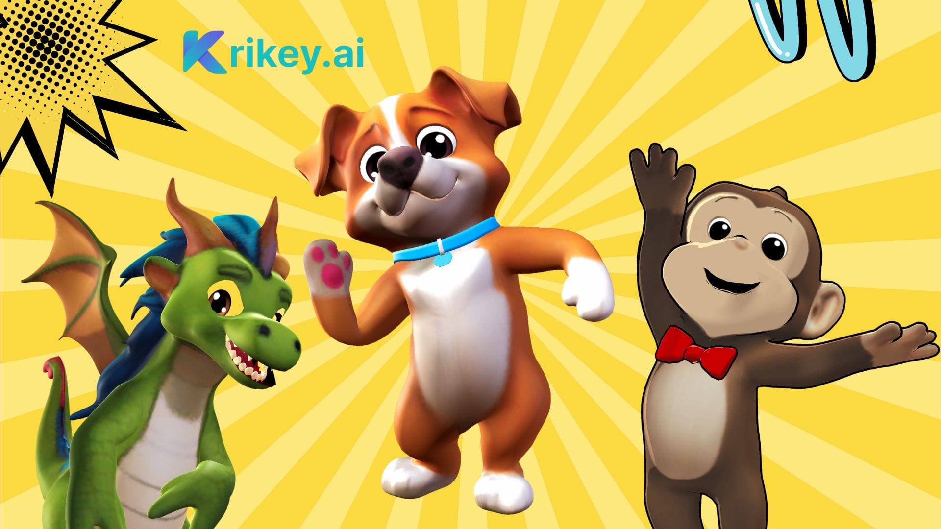 Animated cartoon characters against a yellow comic themed background displaying how to use 3D cartoons