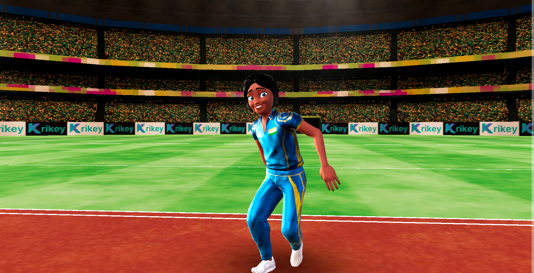 picture of Krikey AI's animated cricket character in Krikey AI's 3D cricket pitch background