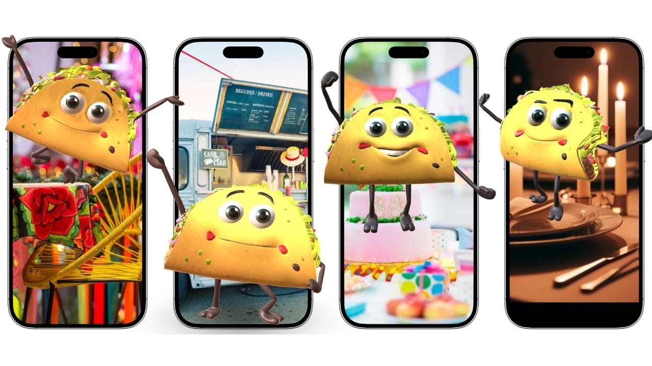 A step-by-step screenshot showing a Cartoon Taco character being animated in the Krikey AI editor for social media content.