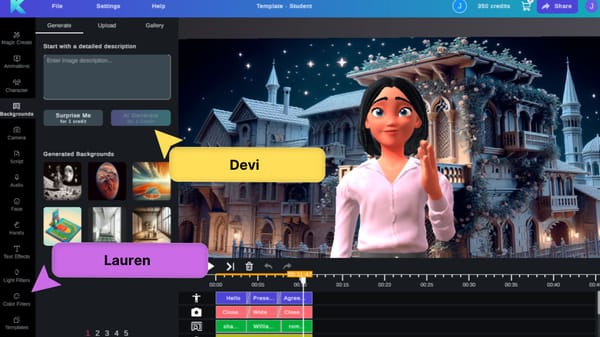 Collaborative video editor tool showing online video editor with cartoon character