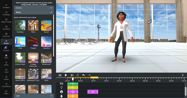 Animated character standing in airport video background created from custom video backgrounds