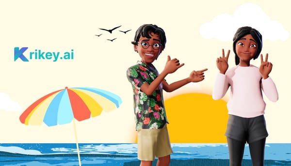 Animated characters standing at the beach with hang loose and peace hands created with cartoon hand generator