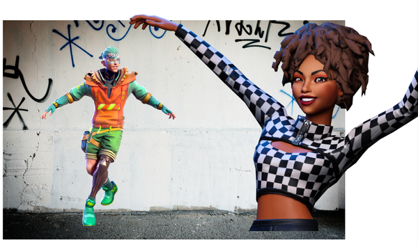 Two Ready Player Me avatars dancing in front of a graffiti-covered wall