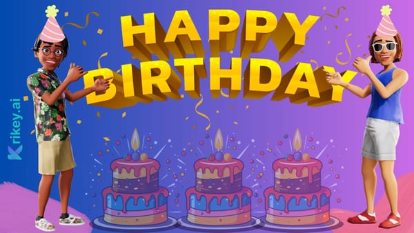  Animated characters standing with happy birthday with fireworks created with AI birthday card generator