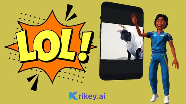 Animated character laughing with mobile phone watching a funny video of a dog created with funny video generator